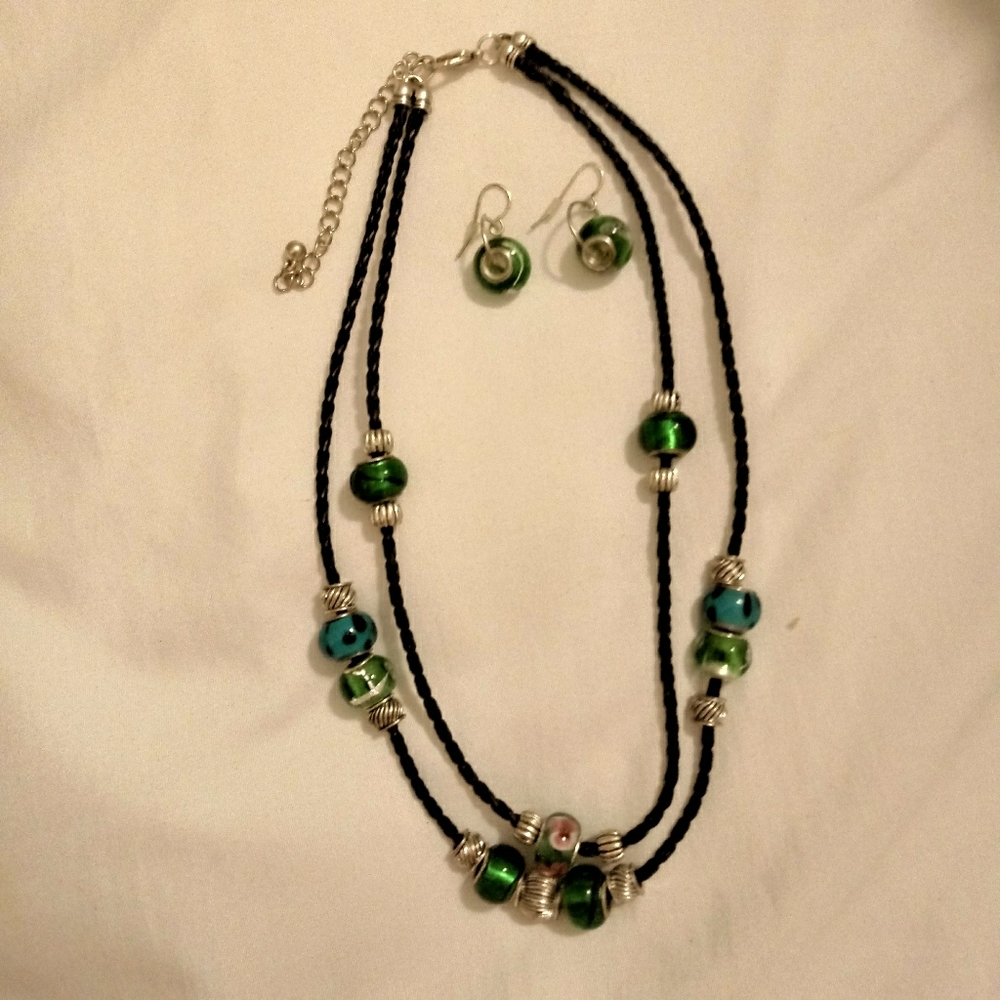 Green/Gold Glass Bead Double Black Chord Necklace